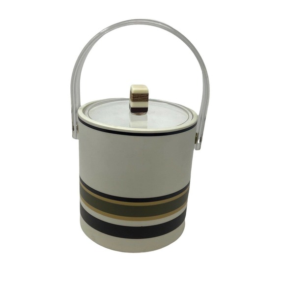 Cera Vintage MCM Striped Cream/Brown Plastic Ice Bucket w/ Lucite Handle - Picture 3 of 7